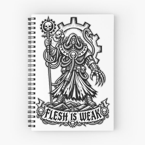 Item preview, Flesh Is Weak – Grimdark Tech-Priest Woodcut designed and sold by Cohaagens Bazaar.