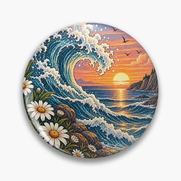 Item preview, Ocean Sunset Wave Wildflower Nature Landscape Vintage Coastal Art designed and sold by Elly-91.