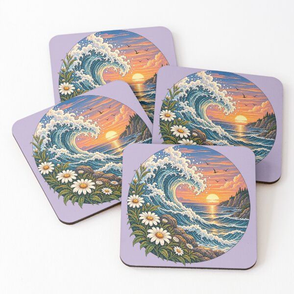Item preview, Ocean Sunset Wave Wildflower Nature Landscape Vintage Coastal Art designed and sold by Elly-91.