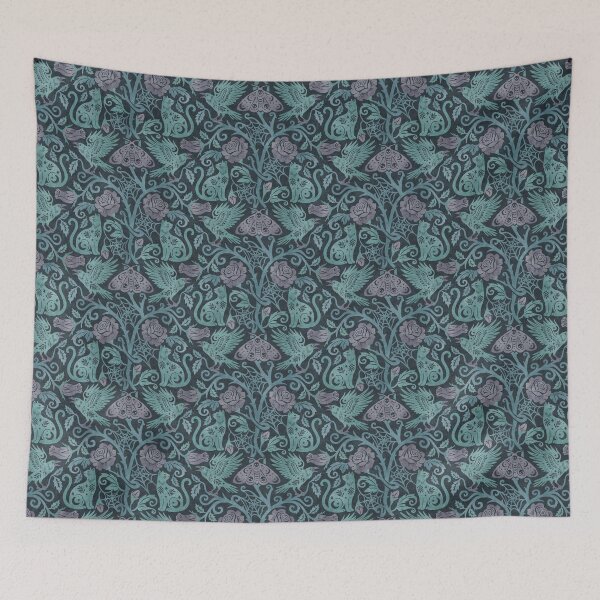 Item preview, Ornate Gothic Cats Ravens Moths And Roses In Blue and Purple on Charcoal designed and sold by EliveraDesigns.