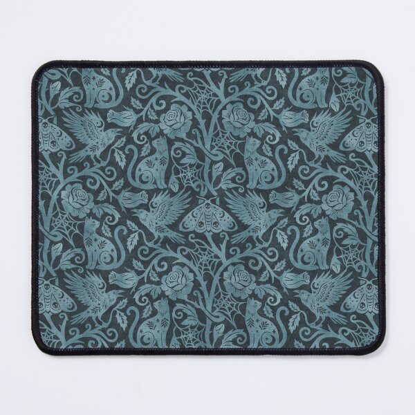 Item preview, Ornate Gothic Cats Ravens Moths And Roses In Dark Blue On Charcoal designed and sold by EliveraDesigns.