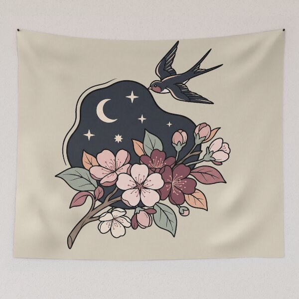 Item preview, Vintage Swallows Blossoms Celestial Night designed and sold by MythicCotton.