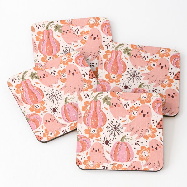 Item preview, Cute Halloween Ghosts With Pumpkins and Mushrooms in Pink and Orange designed and sold by EliveraDesigns.