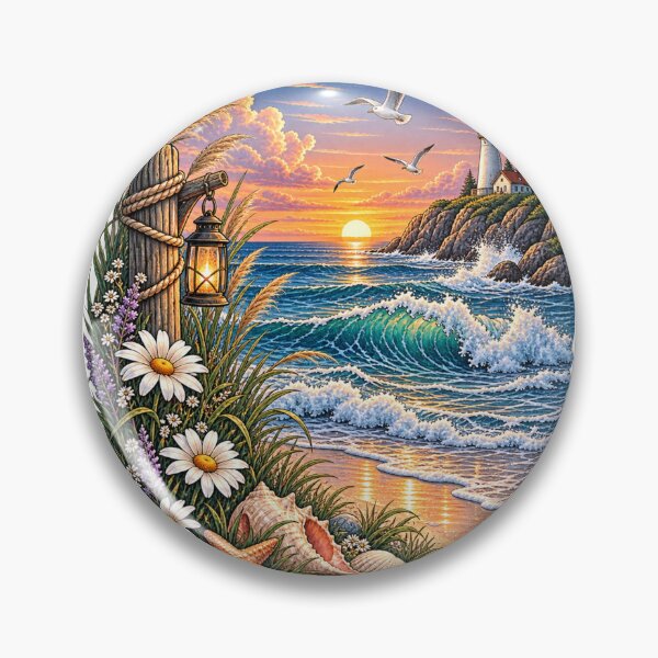Item preview, Ocean Sunset Lighthouse Coastal Waves Beach Nature Seaside Vintage Design designed and sold by Elly-91.