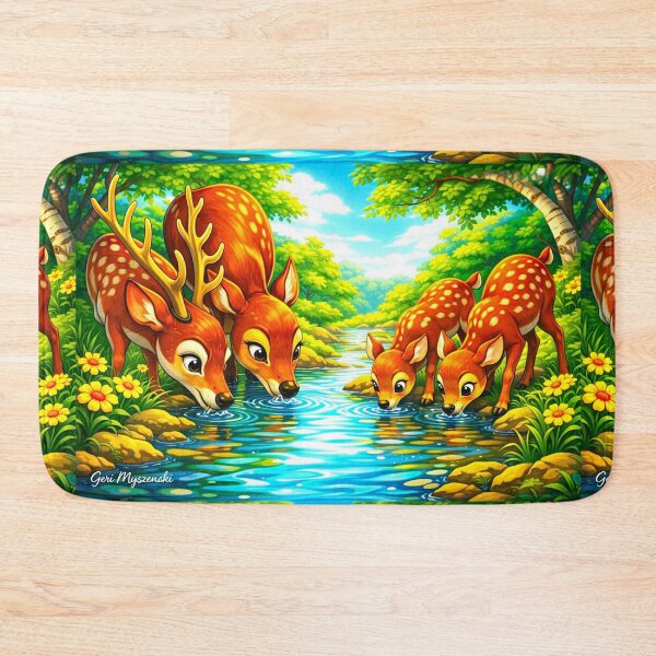 Item preview, Peaceful Deer Family by the River – Whimsical Forest Cartoon Art designed and sold by The Art Queen Of Michigan .