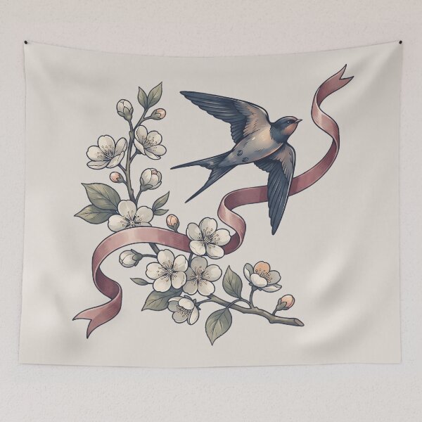 Item preview, Swallows Blossoms Vintage Ribbon Floral Art designed and sold by MythicCotton.