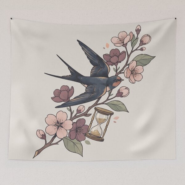Item preview, Swallows Blossoms Vintage Hourglass Art designed and sold by MythicCotton.
