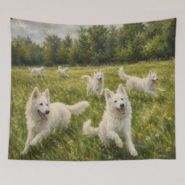 Item preview, White Swiss Shepherd Meadow Run Fine Art Painting Countryside Wall Art Gift for Dog Owners designed and sold by Nightarel.