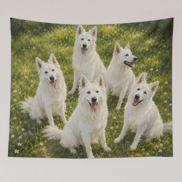 Item preview, White Swiss Shepherd Pack Portrait Fine Art Painting Meadow Wall Art Gift for Dog Owners designed and sold by Nightarel.