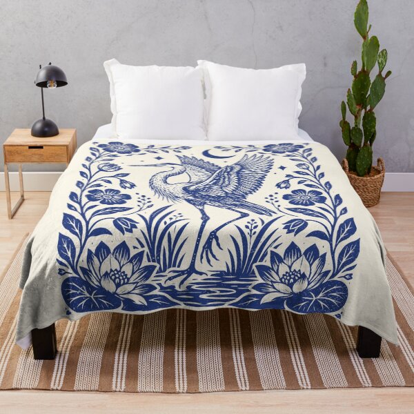Item preview, Heron Floral Lake Linocut Folk Art Boho Birdwatching designed and sold by Y-Vibes.