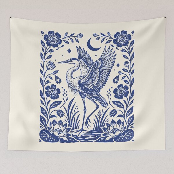 Item preview, Heron Floral Lake Linocut Folk Art Boho Birdwatching    designed and sold by Y-Vibes.