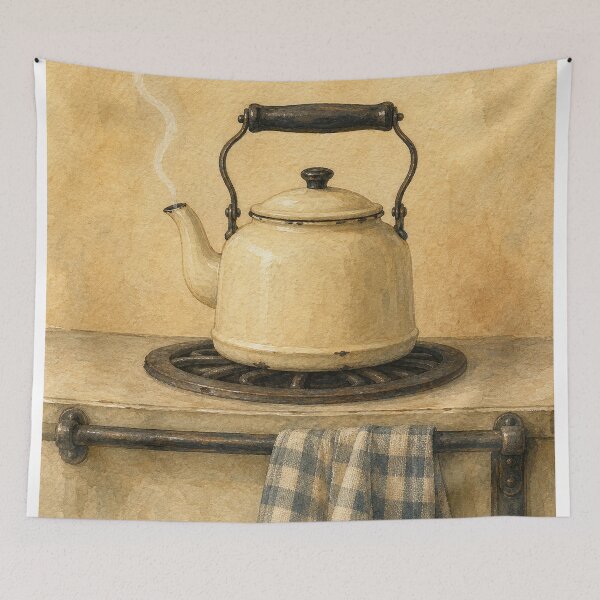 Item preview, Enamel Kettle on the Stove Watercolour designed and sold by GoldenHourWalls.