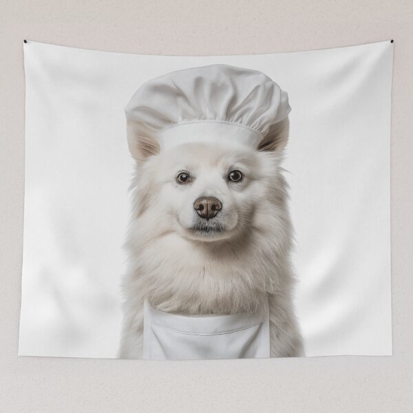Item preview, American Eskimo Dog Chef Funny Cooking Apron Hat Cute Pet Portrait designed and sold by LazyOwlStore.