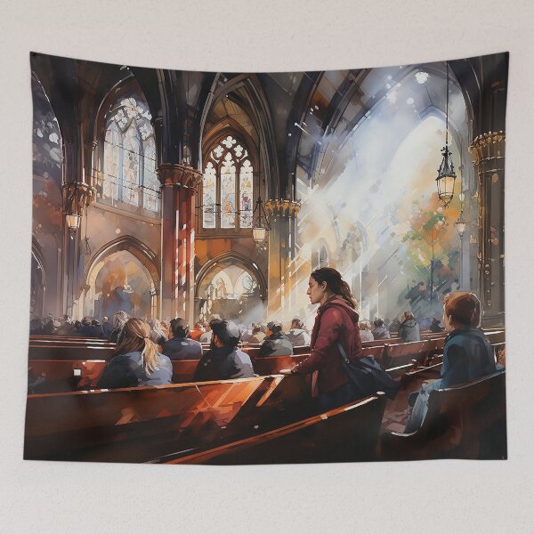 Item preview, Spiritual Solace - People Gathering Together In Church Pews - Watercolor Art - Spiritual Art - Religious Art designed and sold by CastleBySea.
