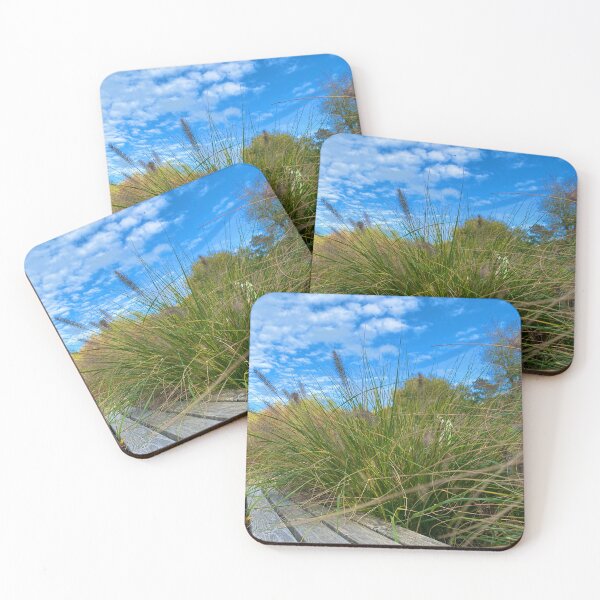 Item preview, Fountain grass on a wooden bench against a blue sky designed and sold by GoldenWavesAndWilds.