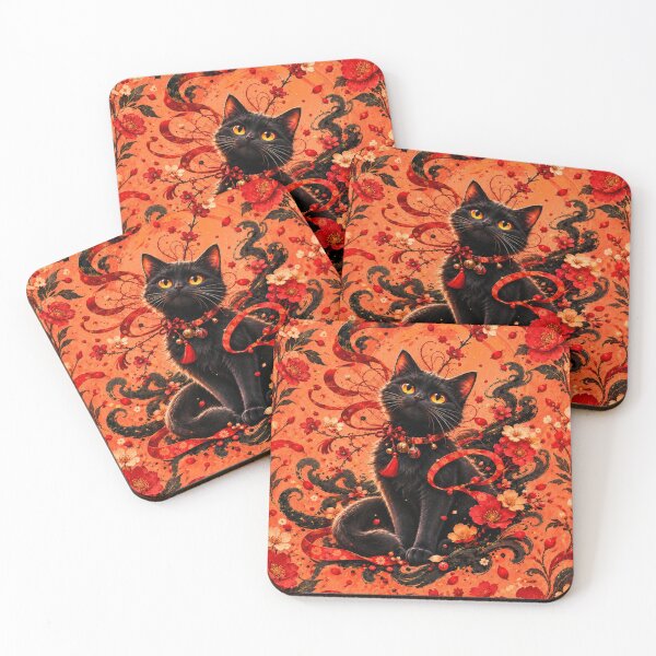 Item preview, Mystical Black Cat Red Floral Art designed and sold by Rohan132.