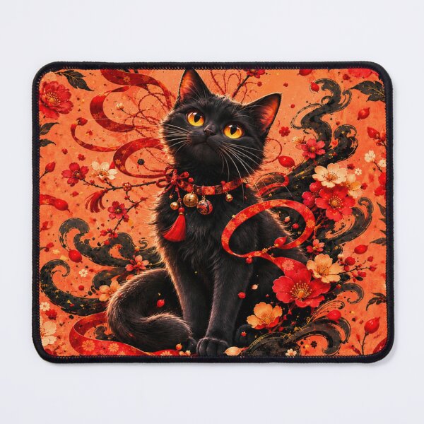 Item preview, Mystical Black Cat Red Floral Art designed and sold by Rohan132.