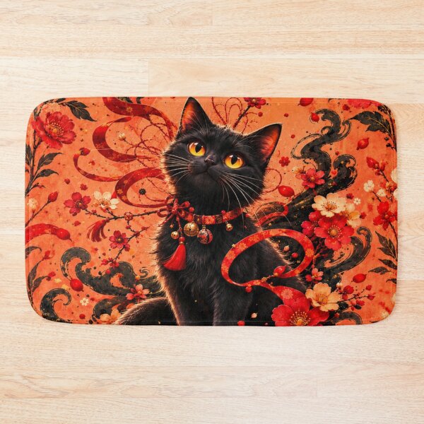 Item preview, Mystical Black Cat Red Floral Art designed and sold by Rohan132.
