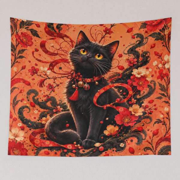 Item preview, Mystical Black Cat Red Floral Art designed and sold by Rohan132.