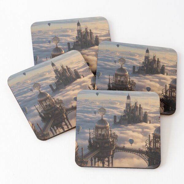 Item preview, Steampunk City Above the Clouds with Hot Air Balloons. designed and sold by MyHappyArtShop.