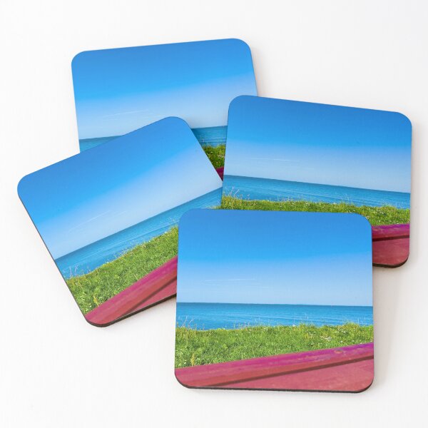 Item preview, Red bench in front of blue water designed and sold by GoldenWavesAndWilds.