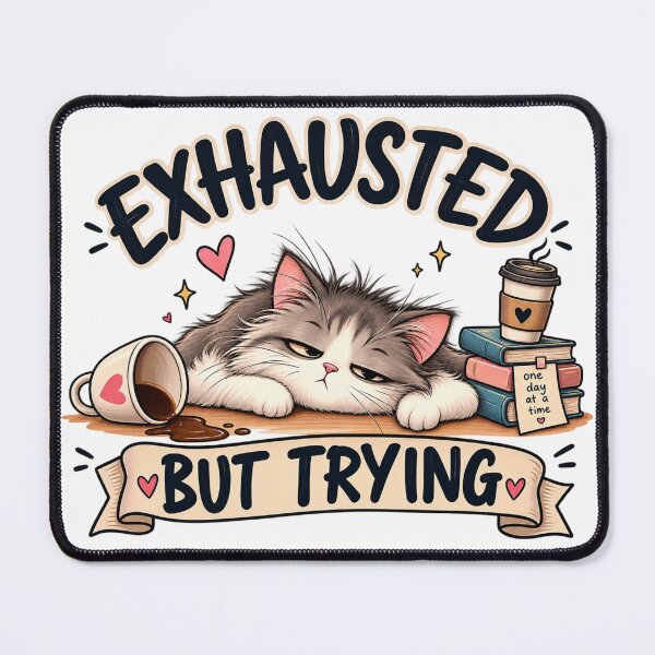 Item preview, Exhausted But Trying Funny Sleepy Cat Coffee Quote designed and sold by Dew Drop Designs.