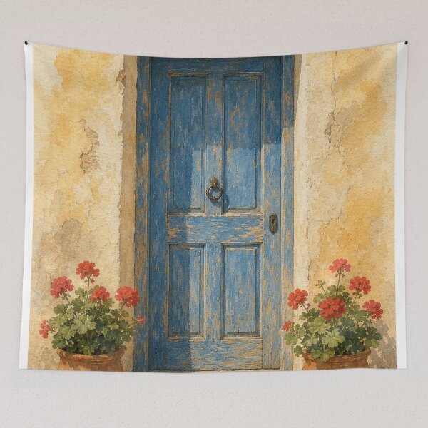 Item preview, Blue Door with Geranium Pots Watercolour designed and sold by GoldenHourWalls.