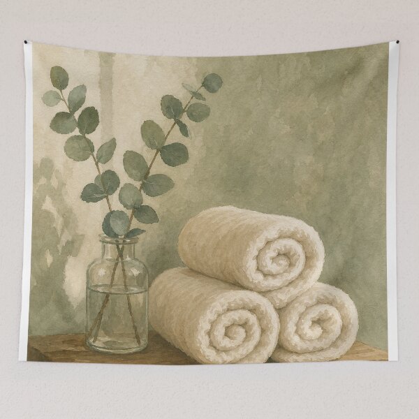 Item preview, Rolled Towels and Eucalyptus Watercolour designed and sold by GoldenHourWalls.