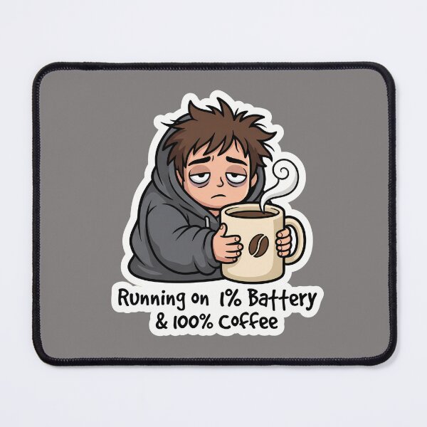 Item preview, Running On 1% Battery And 100% Coffee - Tired Chibi Guy designed and sold by mysticgoggles.