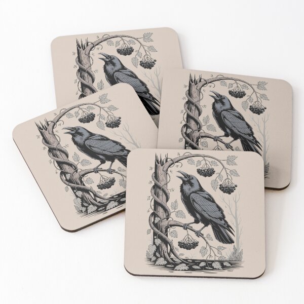 Item preview, Raven on Branch Woodcut Style Art designed and sold by NuvoraNest.