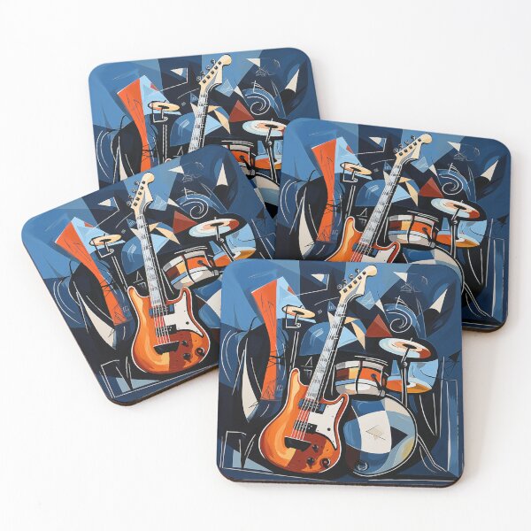 Artikelvorschau, Kubistische Gitarre und Schlagzeug, blau-orangefarbene Rockkunst entworfen und verkauft von silduna.