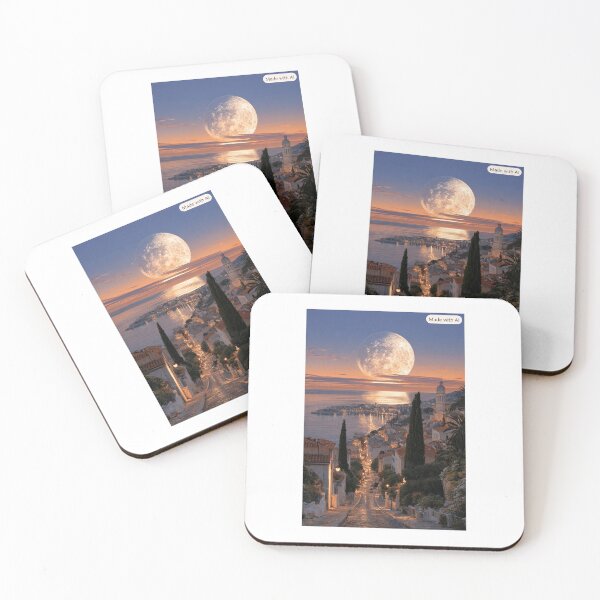 Item preview, Mediterranean Moonrise Over Coastal Town – Surreal Sunset Fantasy Art designed and sold by D Digital Art.