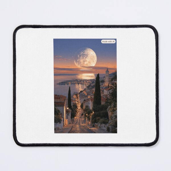 Item preview, Mediterranean Moonrise Over Coastal Town – Surreal Sunset Fantasy Art designed and sold by D Digital Art.