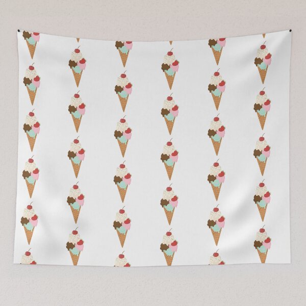 Item preview, Colorful Three Scoop Ice Cream Cone with Cherry and Strawberry Hand Drawn Illustration designed and sold by PeonyandlillyId.