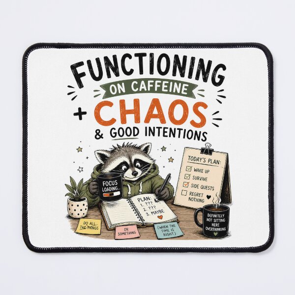 Item preview, ADHD Functioning on Caffeine Chaos and Good Intentions Raccoon Humor Quote designed and sold by Marti’s Shop Corner.