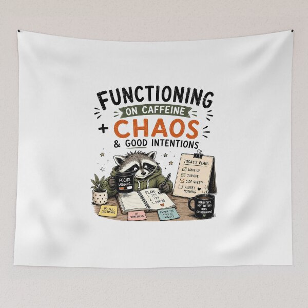 Item preview, ADHD Functioning on Caffeine Chaos and Good Intentions Raccoon Humor Quote designed and sold by Marti’s Shop Corner.
