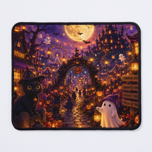 Item preview, Spooky Halloween Village With Cute Ghost And Black Cat designed and sold by Herodestroyer.
