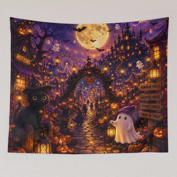 Item preview, Spooky Halloween Village With Cute Ghost And Black Cat designed and sold by Herodestroyer.