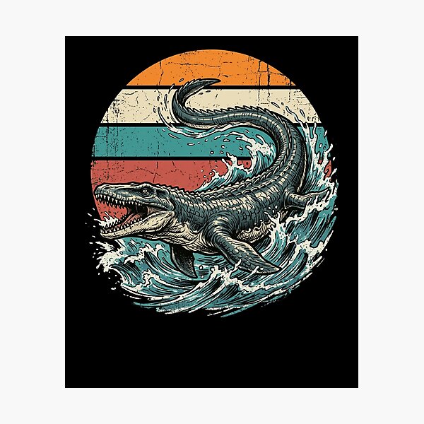 Item preview, Vintage Mosasaur Dinosaur Ocean Waves Retro Sunset designed and sold by snowry.