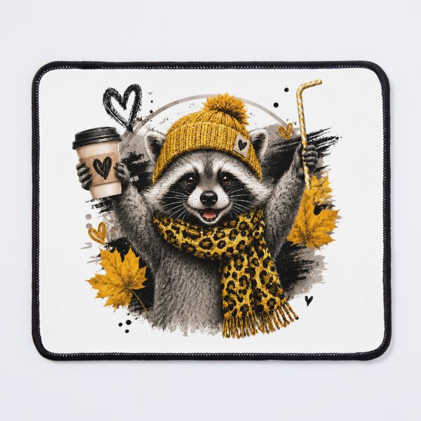 Item preview, Cute Trash Panda Raccoon Wearing Beanie And Leopard Scarf Holding Coffee designed and sold by Unique personality⭐⭐⭐⭐⭐.