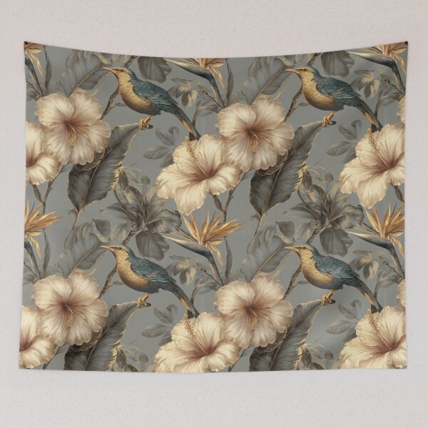 Item preview, Vintage Golden Hibiscus and Tropical Bird Pattern designed and sold by ImPlyDesign.