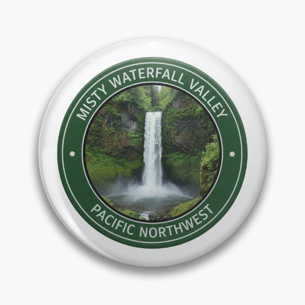 Item preview, Misty Waterfall Valley Pacific Northwest Forest Badge designed and sold by FestivityFinds.