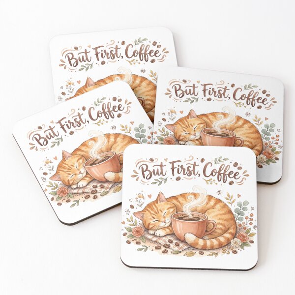 Item preview, But First Coffee Cute Sleeping Cat Vintage Floral designed and sold by AmberlightArt.