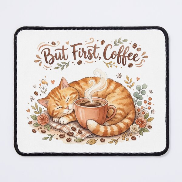 Item preview, But First Coffee Cute Sleeping Cat Vintage Floral designed and sold by AmberlightArt.