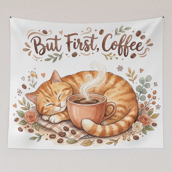 Item preview, But First Coffee Cute Sleeping Cat Vintage Floral designed and sold by AmberlightArt.
