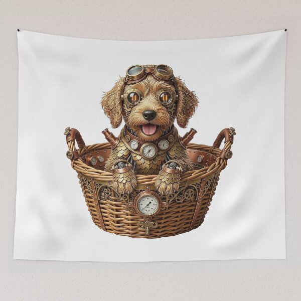 Aperçu de l'œuvre Chiot Labrador dans un panier Steampunk créée et vendue par MarigoldenSoul.