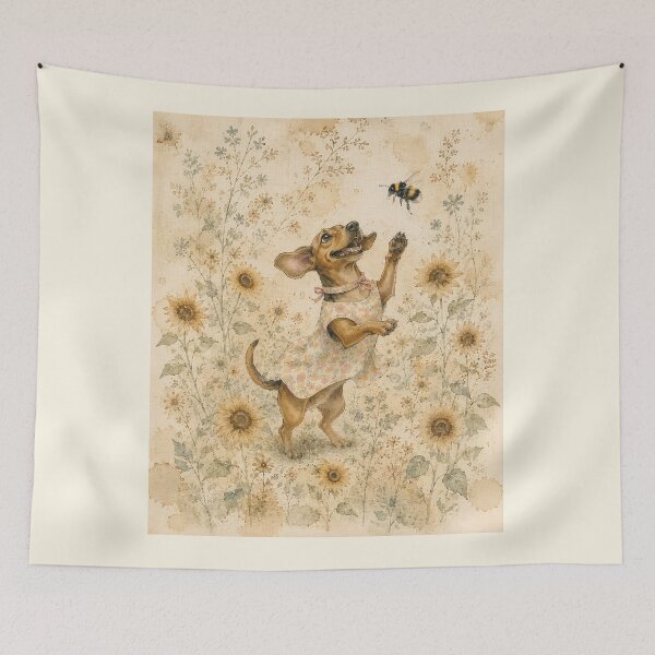 Item preview, Dachshund and Sunflowers Vintage Artisan Portrait designed and sold by RescueHeart10.