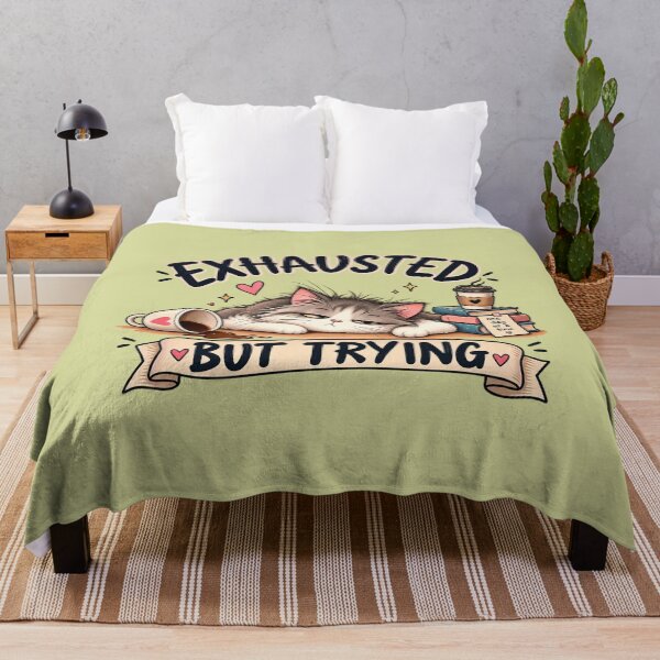 Item preview, Exhausted But Trying Funny Sleepy Cat Coffee Quote designed and sold by Dew Drop Designs.