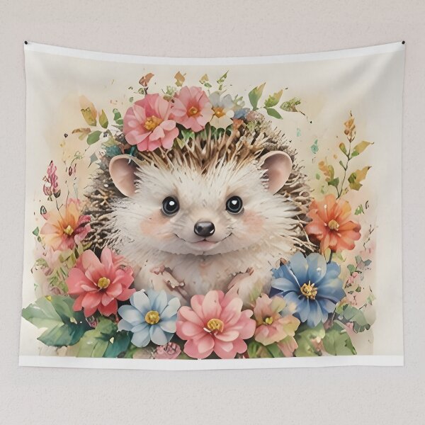 Artikelvorschau, Niedlicher Aquarell-Igel, umgeben von bunten Blumen entworfen und verkauft von Pawzenix.