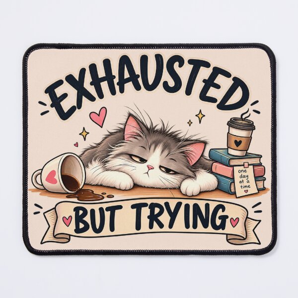 Item preview, Exhausted But Trying Funny Sleepy Cat Coffee Quote designed and sold by Dew Drop Designs.